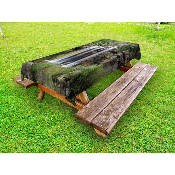 Nature Outdoor Tablecloth, Photo of Waterfall Forest Jungle Corleone Sicily Rocks Trees Grass Landscape, Decorative Washable Fabric Picnic Table Cloth, 58 X 84 Inches,Brown Green White, by Ambesonne