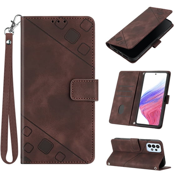 Feishell for Samsung Galaxy A53 5G 6.5 inch Wallet Case with Wrist Strap,Flip Cover with Embossed Pattern PU Leather Kickstand Credit Card Slots Magnetic Clasp Folio Purse Phone Case,Brown