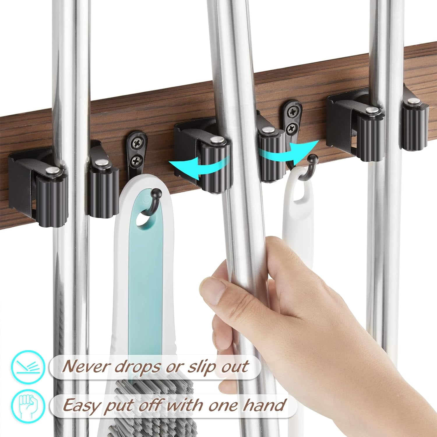 Mop and Broom Holder Wall Mount - Rustic Wood Broom Mop Hanger - Wall Mounted Garden Tool Rack Organizer for Closet Garage Laundry Room Kitchen, Brown