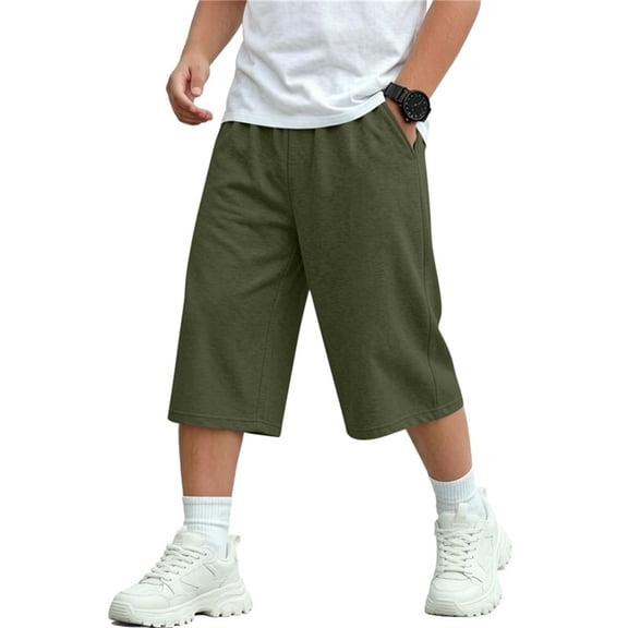 ZACPNCV Boys Girls Capri Sweatpants Elastic Waist Drawstring Lounge Capris Wide Leg Cropped Pants with Pockets Workout Joggers 5-6Years Olive Green