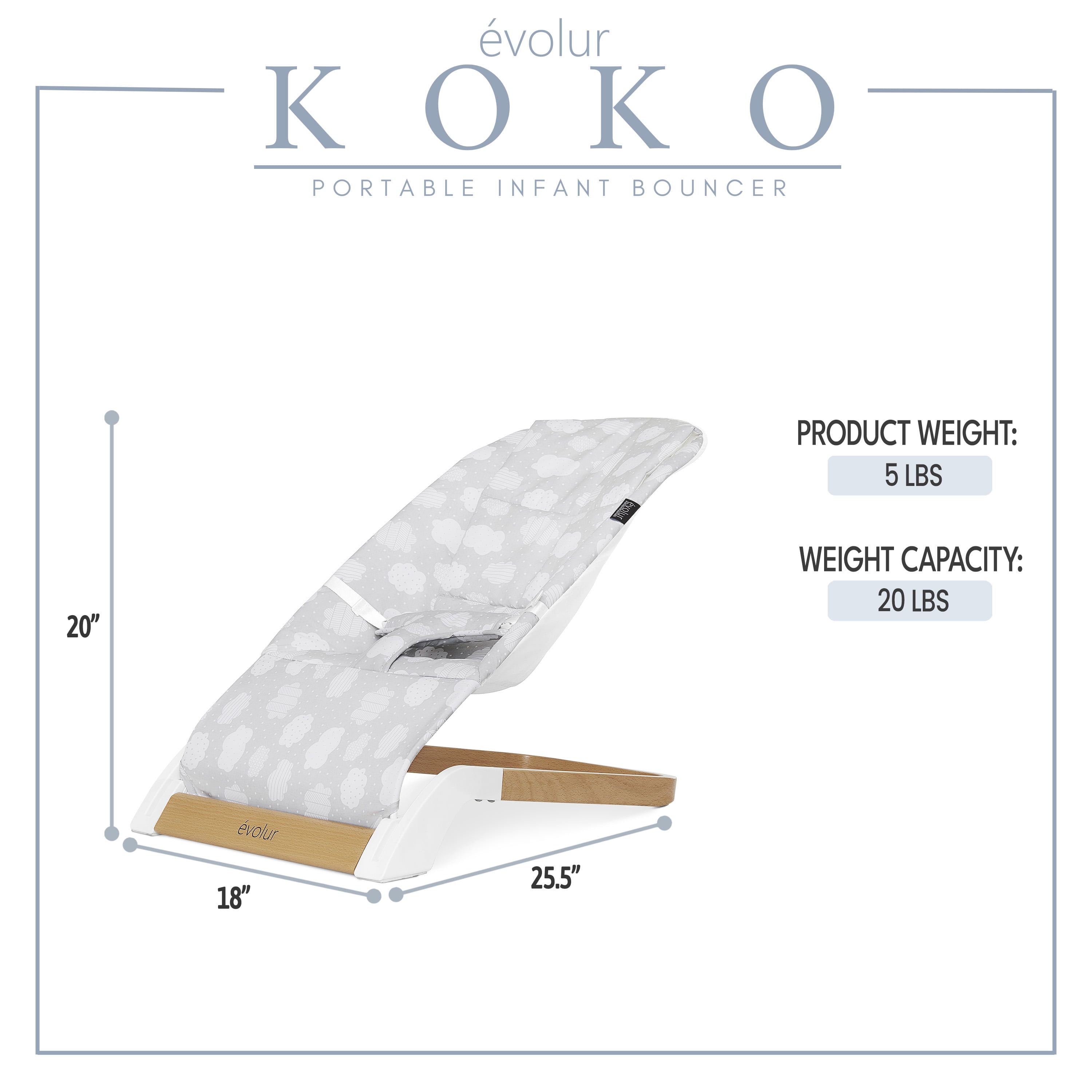 Evolur Koko Portable Infant Bouncer in Light Gray Breathable Fabric