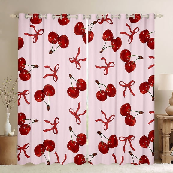 Erosebridal Red Ribbon Bowknot Black Out Curtains,Cartoon Cute Cherries Curtains Pack of 2 (42x63 Each) For Kids Girls