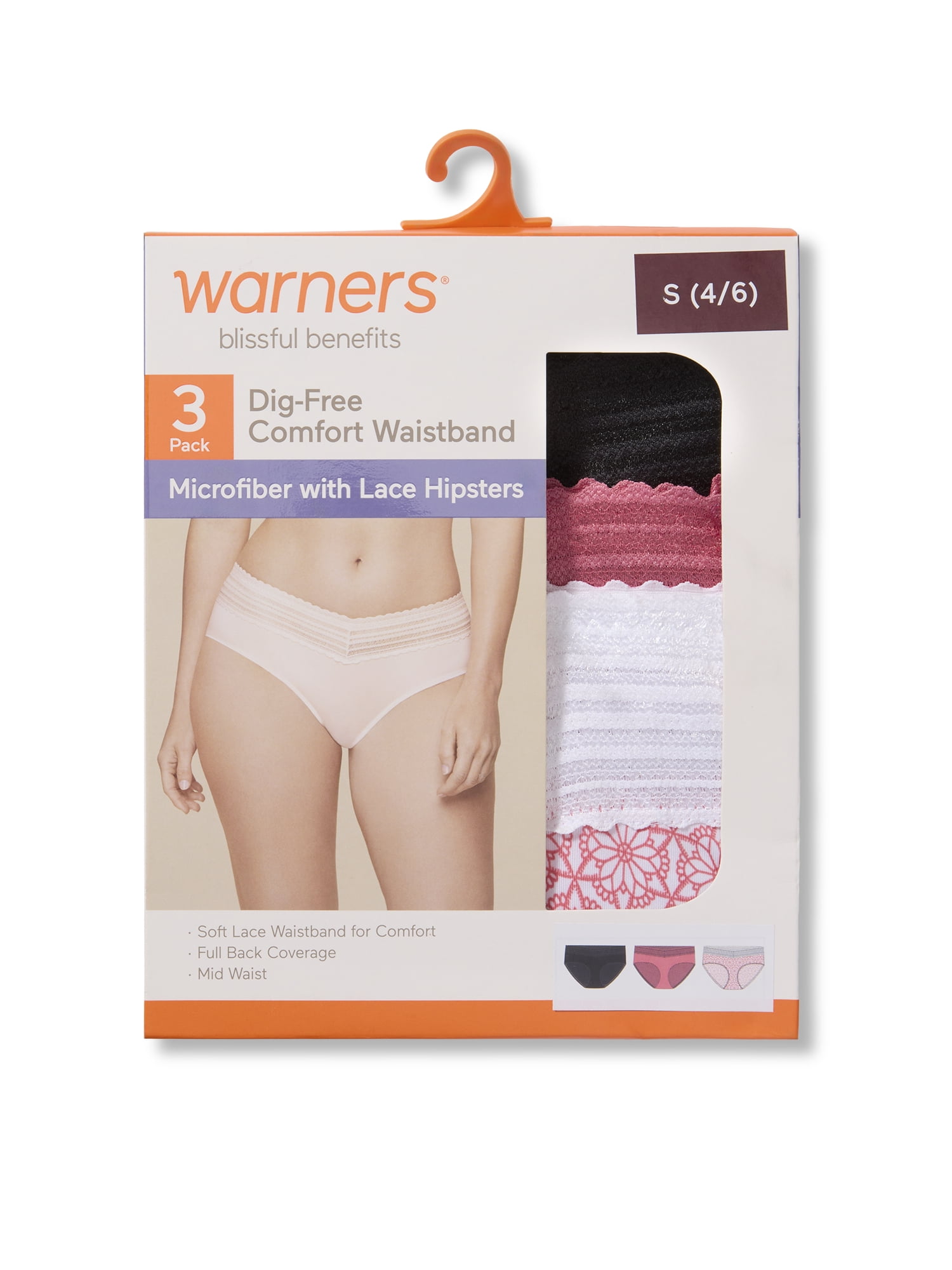 Warners® Blissful Benefits Women's Dig-Free Comfort Mid Waist Microfiber Hipster With Lace 3-Pack S-3XL
