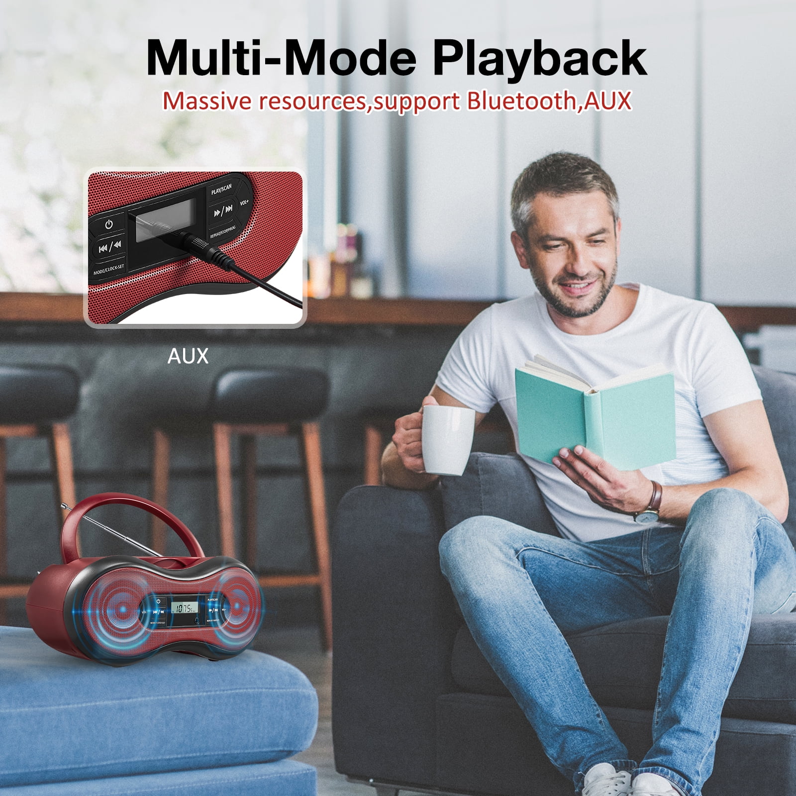 CD Player Boombox with Bluetooth,FM Radio,3.5mm Aux Input,Does Not Support Playing MP3 Format Discs