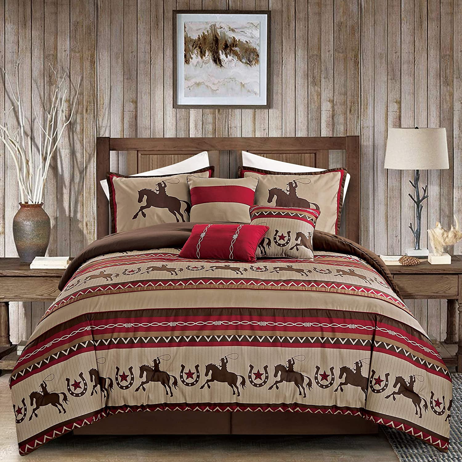 Luxury South Western Pattern Barbed Wire Rustic Brown Star Comforter Set 7 Pc 