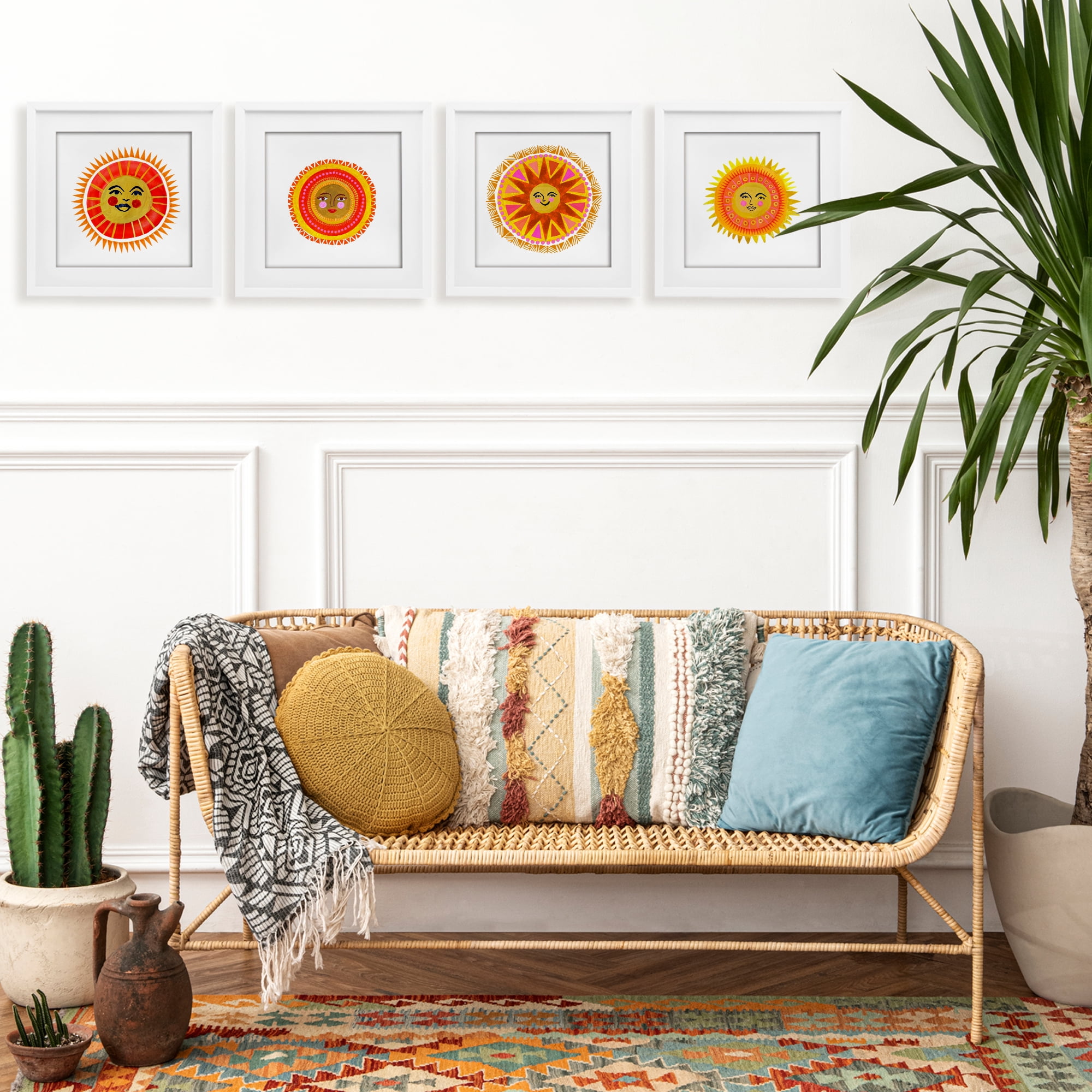 Stupell Industries Warm Happy Suns 4 Piece White Framed Print Under Glass Set, design by Katherine Herrell Studio