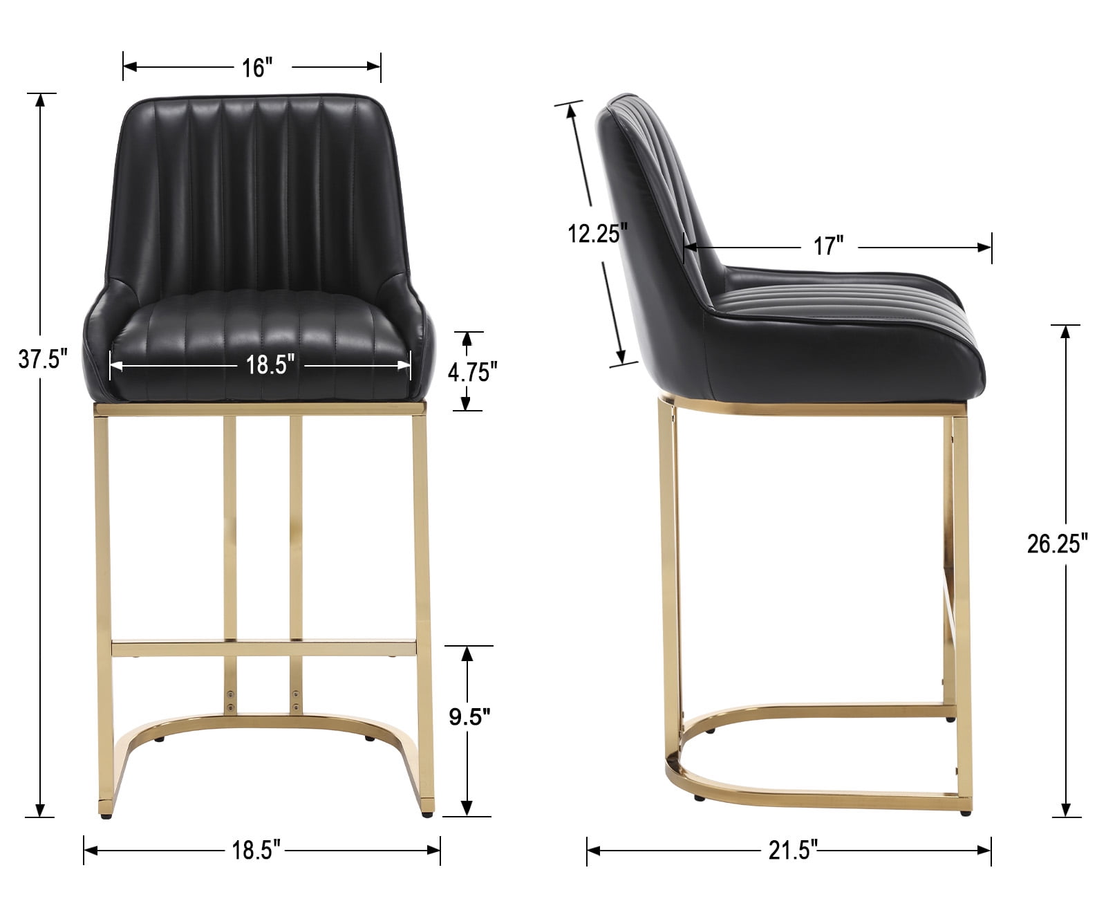 Dayalane Counter Height Bar Stools Set of 2, PU Upholstered Kitchen Barstools with Back and Gold Base, 26 " Modern Elegant Island Chairs for Restaurant Bar Dining Room, Black