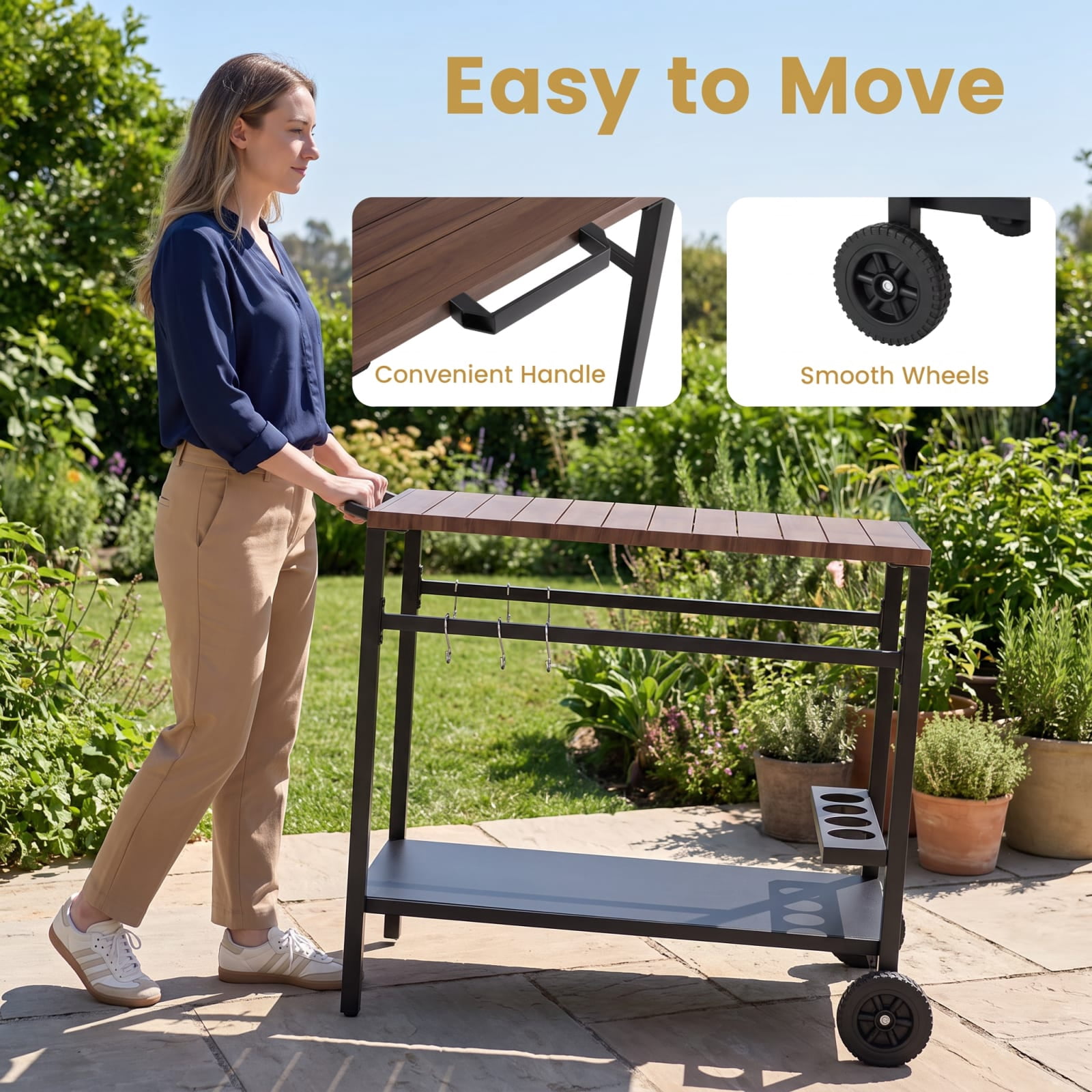 Furnibear Outdoor Grill Cart with Spice Rack and Hooks for Patio and Garden for Kitchen Dining Home Rolling Utility Serving, Brown