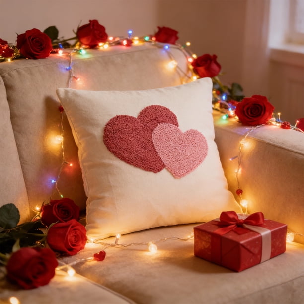 Cojín de Terciopelo con Diseño de Círculos y Corazón Tridimensional Bordado, Ideal para El Día de San Valentín, para Sala de Estar o Sofá.