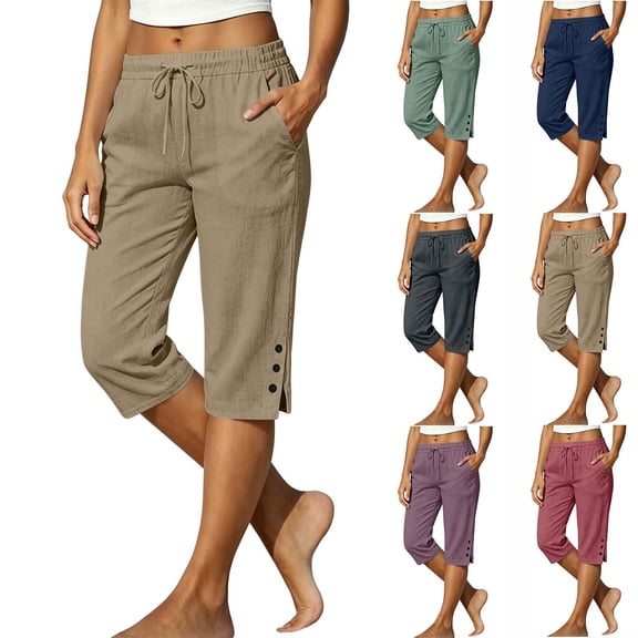 Luivaraty Capri Pants for Women Solid Color Straight Leg Pants Fashion Comfy Drawstring Side Split Capris with Pockets, S-2XL
