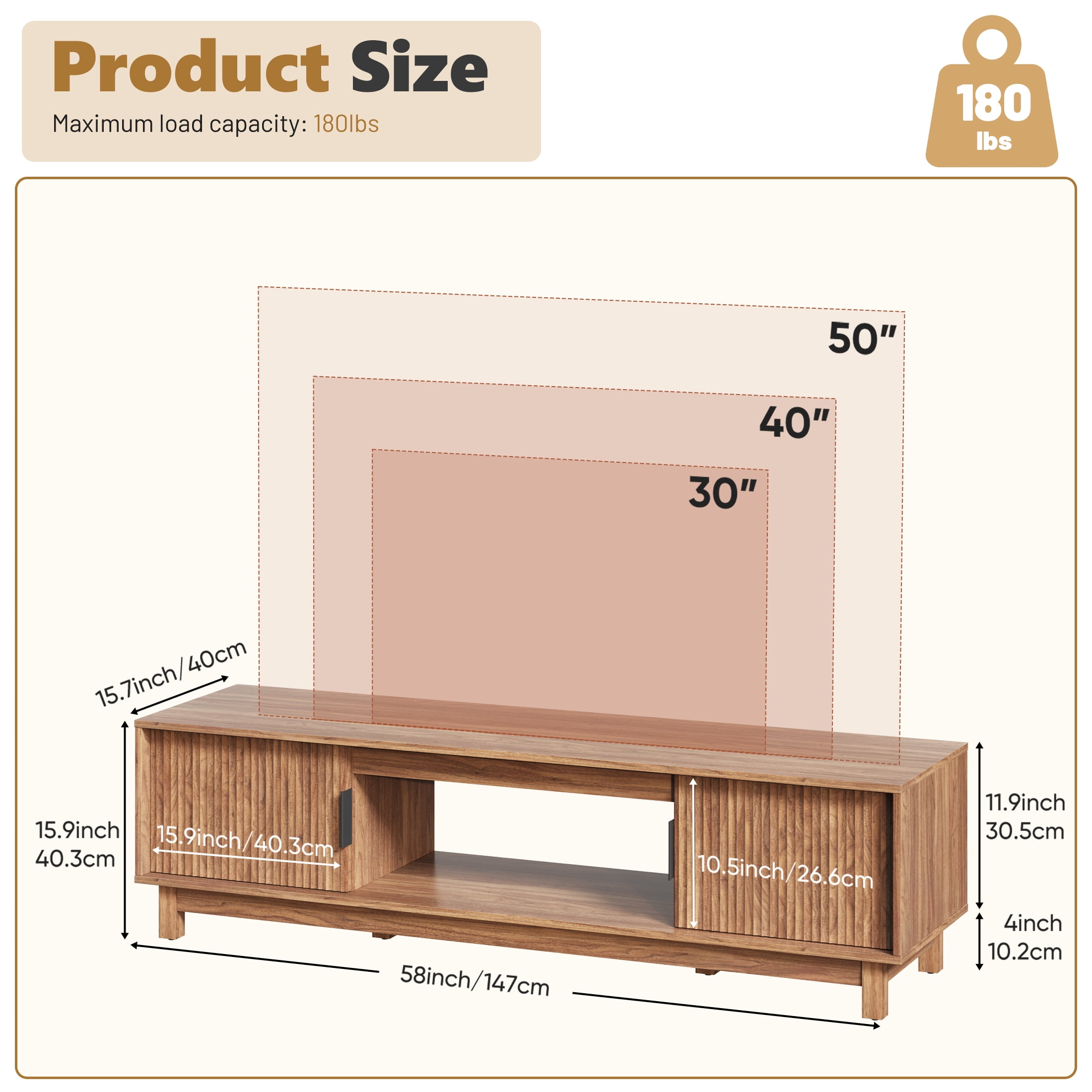 JIOABL 58" Rattan TV Stand, Wood Entertainment Center with Storage Cabinets & Cable Management Hole