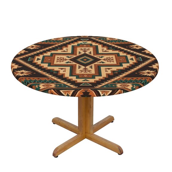 Rustic Boho Tribal Motif Graphic Fitted Round Tablecloth 90cm with Elastic Edge, Waterproof Table Cover Furniture Protector for Patio, Dining Room Restaurant
