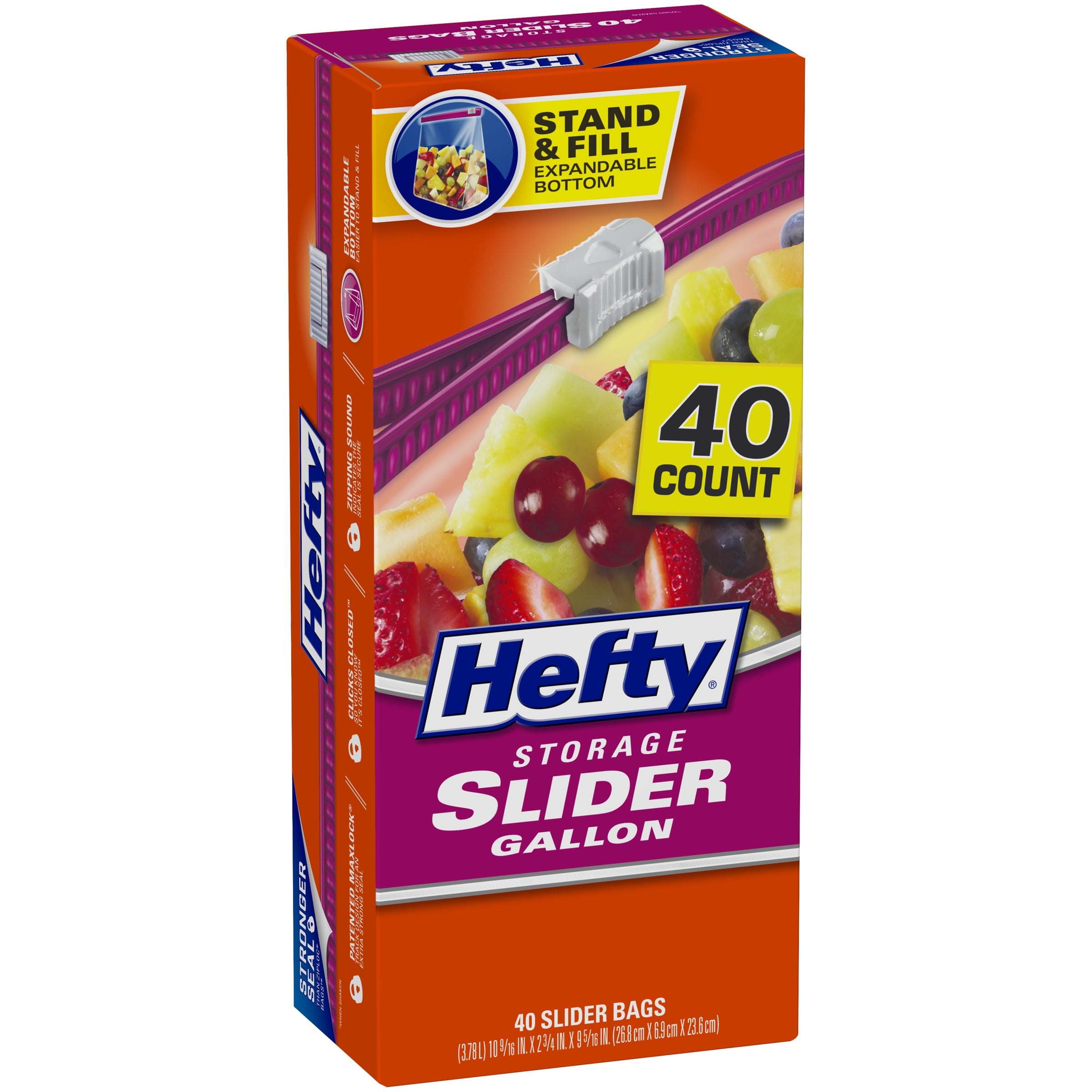Hefty Slider Bags, Storage, 1 qt, 7 x 8, 0.7 mil, Clear, 20/Box, 9 Box/Carton
