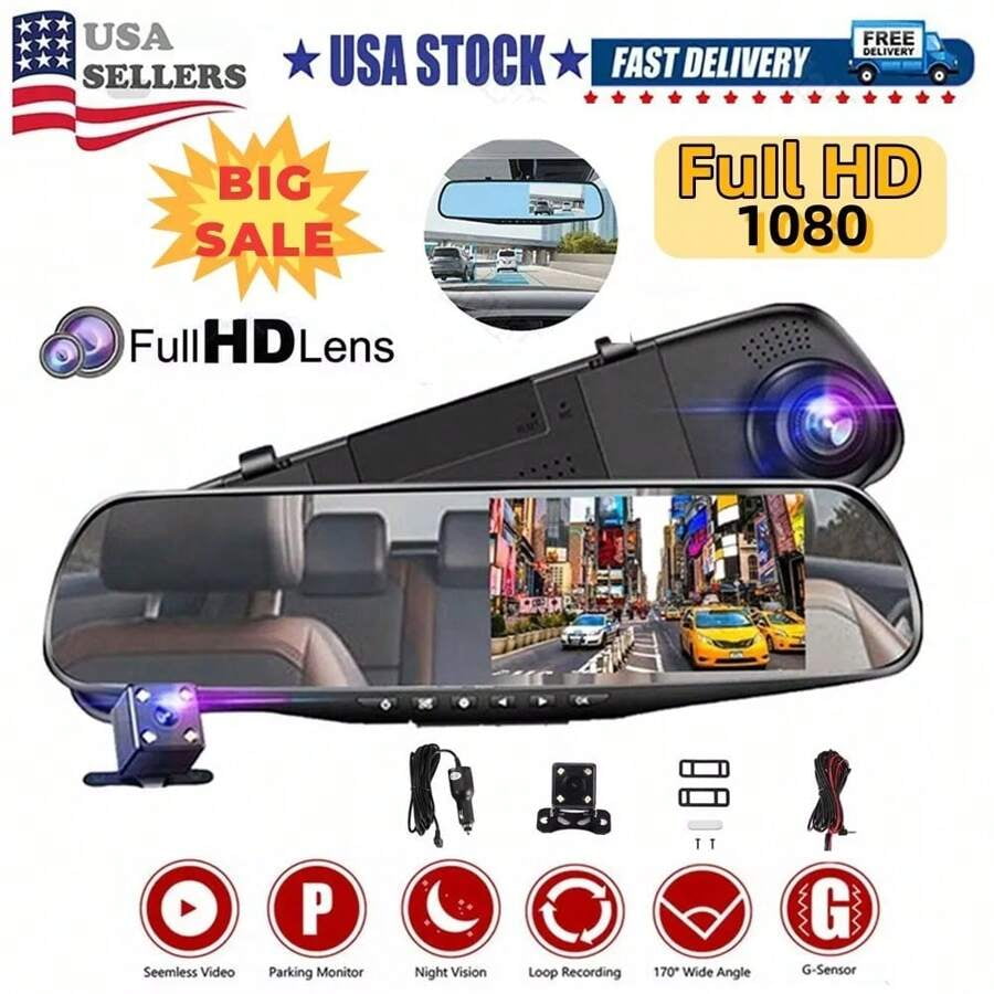 Pyle PLCMDVR77 ダッシュカム バックミラーモニター - デュアルフロントリアスリムバー バックアッ Pyle PLCMDVR77 7.4 Inch HD Video Recording System Rearview Mirror