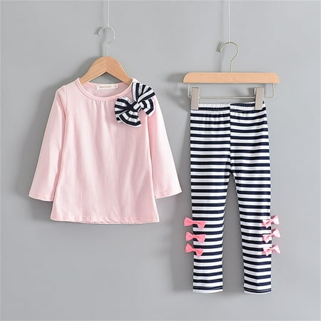 

Baby Toddler Girls Clothes Sets Kids Long Sleeve Bow Shirts Tops Stripe Pants Fall Winter Outfits
