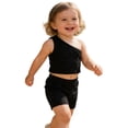 thumbnail image 4 of Huowey Girls Baby Summer Outfits Solid Color Sleeveless One Shoulder Crop Top Shirt And Elastic Waist Wide Leg Shorts Stylish Breathable Soft Cozy Dailywear Sets,Black,2-3 Years, 4 of 4