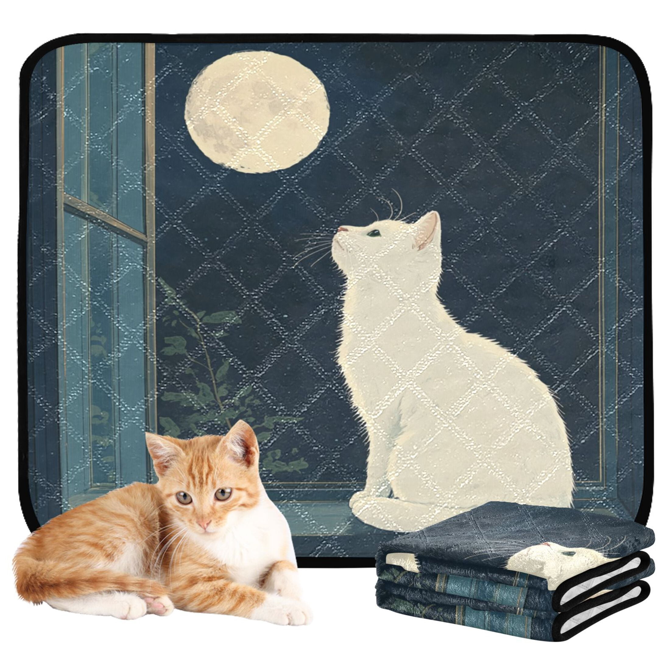 Qxltty White Cat Enjoying The Moon Cat litter Pads Pet Set of 2 Diaper Mats Center Anti-leakage Layer Absorbent Soft and Comfortable