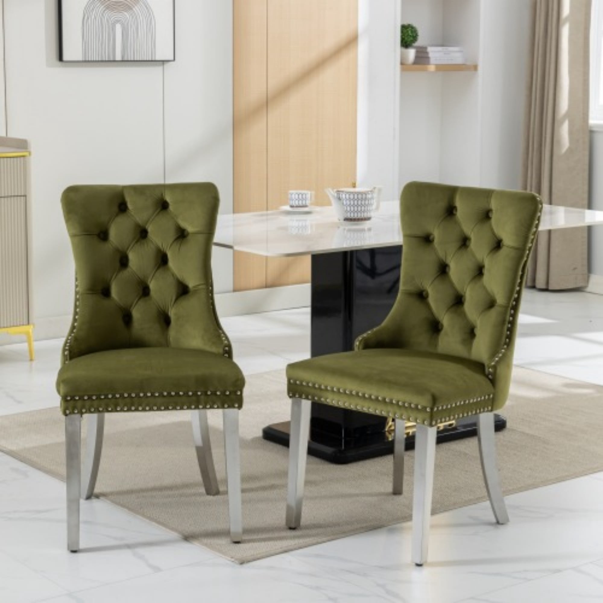 BSHTI 37.5" Velvet Upholstered Dining Room Chairs Set of 2, Modern Tufted Parson Chairs with Nailhead Trim, Foam Padded Seat for Dining Room/Kitchen(Olive-Green)