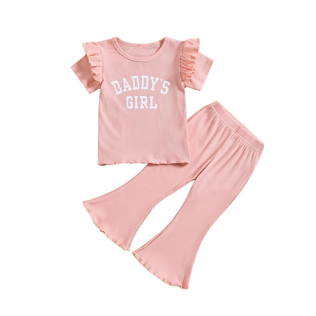 wmjolc Baby Girl Clothes Crewneck Button Flutter Short Sleeve T-Shirt and Flared Trousers Summer Ruffle Tee Sets Toddler Kids Clothes Set