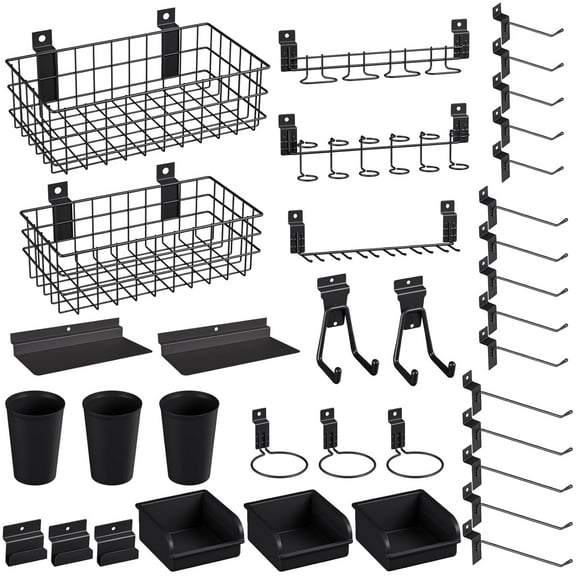 INCLY 30PCS Slatwall Accessories Set with Slatwall Baskets, Slatwall Hooks, Slatwall Shelves, Slatwall Bins, Slatwall Cups, Heavy Duty Slat Wall Accessory for Garage Room Shop Organizing Display