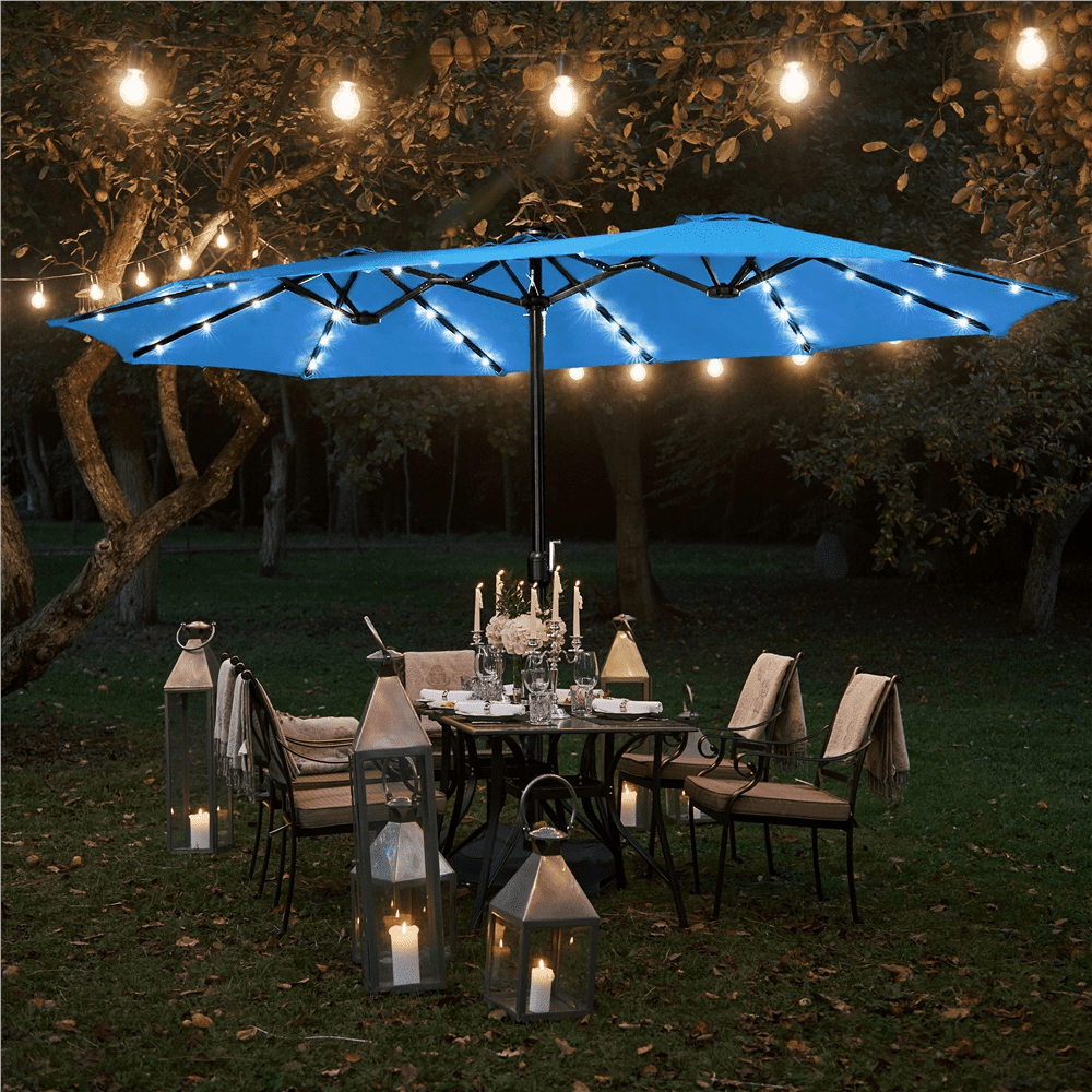 Renwick 15 ft Twin Patio Parasol Umbrella with Base & LED Lights, Sky Blue