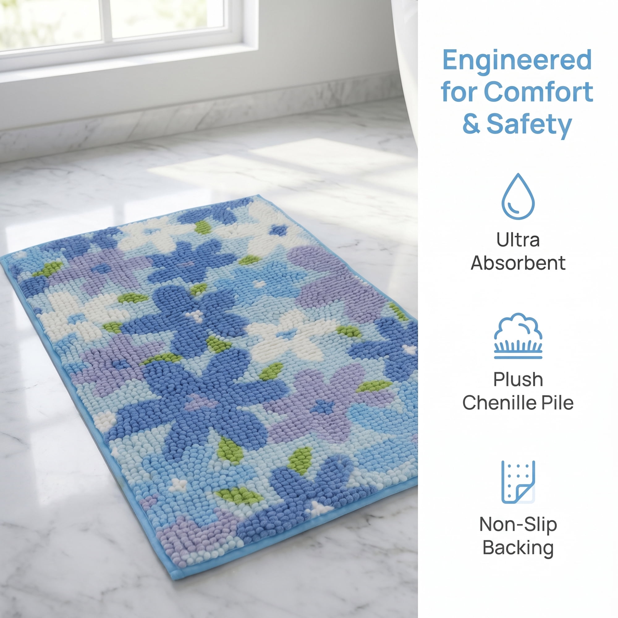 Unique Bargains Chenille Ultra Soft Non Slip Machine Washable Shower Rug Blue 32" x 20"