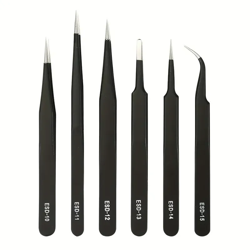 Precision ESD anti-static tweezers set -6-pc stainless steel tool for electronic repair and process modeling, bending 2025