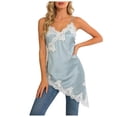 thumbnail image 3 of Flowy Asymmetrical Tops for Women Satin Deep V Neck Spaghetti Strap Tank Top Lace Trim Silky Casual Evening Wear Camisole, #03 Light Blue, S, 3 of 7