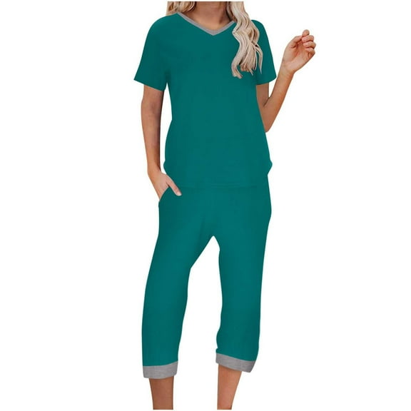 Inleife Pajamas for Women, Womens Solid Casual Pullover V-neck Short Sleeve Two Piece Set Home Wear Sleepwear