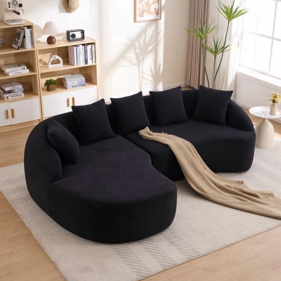 HUTWIFE Home Modern Luxury Chenille Foam Reclining Curved Sofa with L-Shape Chaise with Throw Pillows, Black