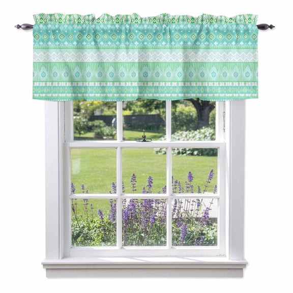 Teal Green Boho Kitchen Curtain Valances for Windows Farmhouse Short Curtains, Vintage Ethnic Tribe Abstract Art Rod Pocket Valance Curtain for Bedroom Cafe Living Room 54"x18"