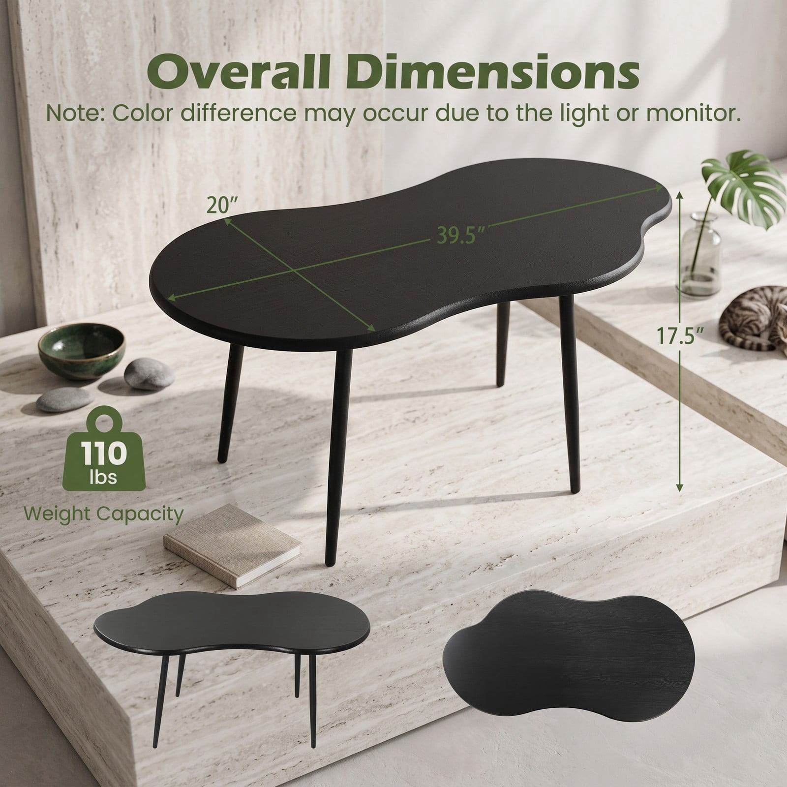 Furnibear Cloud Shape Coffee Table, 39.5 Inch Irregular Free Form Center Table with Durable Metal Frame, Wide Wood Tabletop Modern Accent Side Table for Living, Black