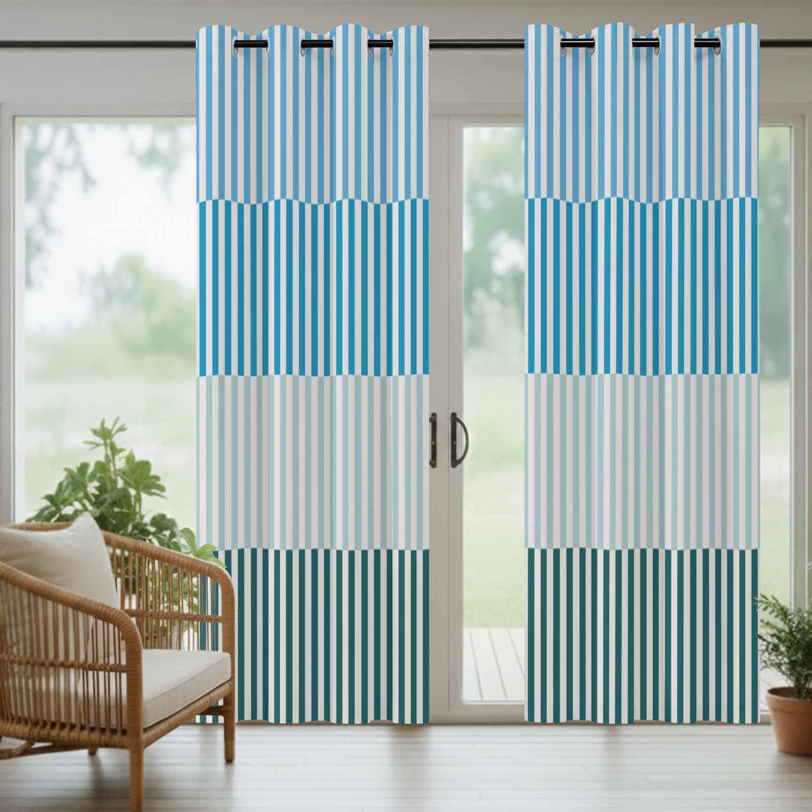 Colorful Stripe Outdoor Curtains for Patio Waterproof,Windproof Privacy Curtains with Weighted Bottom,Modern Teal Blue Green Vertical Striped Outside Drapes for Picnic Garage Yard 54"x108" 2 Panel