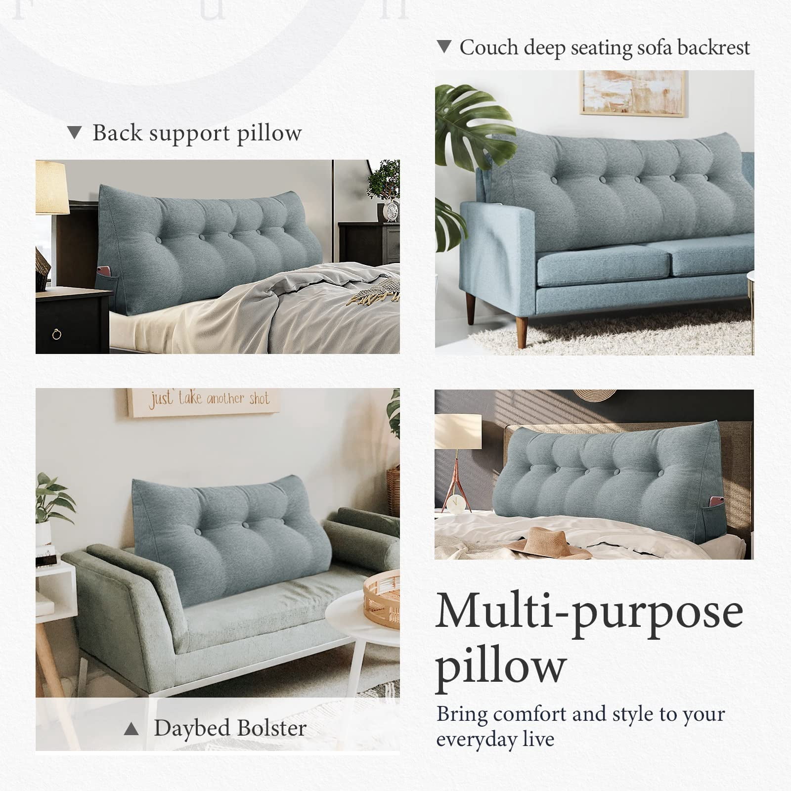Daybed Triangle Wedge Pillow Queen Size, Headboard Bolster for Back Support, Large Reading Cushion, Sitting Up Pillow, XXL Sofa Rest, Linen Gray
