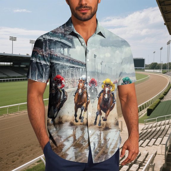 Cllios Mens Hawaiian Shirts Funny Horse Print Holiday Tops Vacation Lapel Collared Short Sleeve T-shirts Casual Button Down Bowling Shirts S-5XL