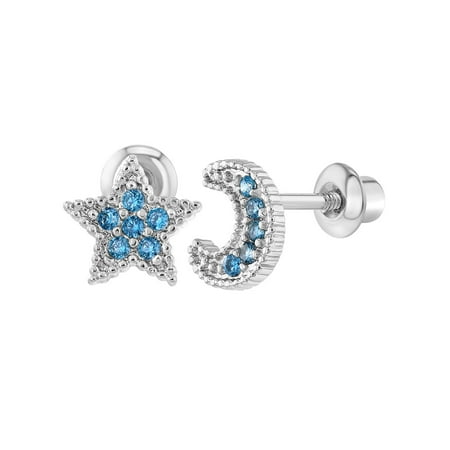 In Season Jewelry Rhodium Plated Screw Back Earrings Toddlers Little Girls Kids Blue CZ Moon Star