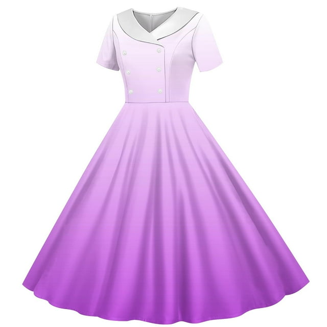 Zpanxa Robes d'Été pour Filles Imprimé Dégradé Manches Courtes Col Rabattu Taille Bouton Robe de Danse Polyester Spandex Violet 9 Ans