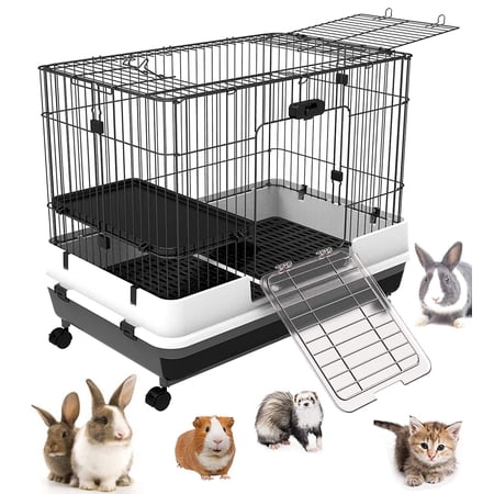 32" Large 2-Tiers Animal Pet Cage for Guinea Pig Ferret Chinchilla Cat Playpen Rabbit Hutch with Solid Platform & Ramp Removable Washable Bottom Tray Large Access Doors Lockable Casters