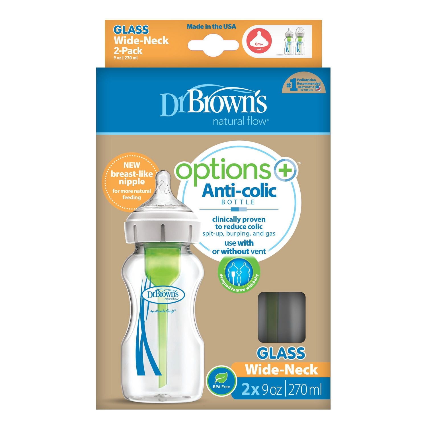 Dr. Brown’s Natural Flow Anti-Colic Options+ Wide-Neck Glass Baby Bottle 9oz/270mL, with Level 1 Slow Flow Nipple, 0m+, 2-Pack, 9oz, 2-Pack