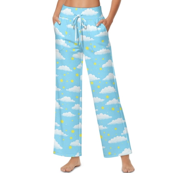 SCRAWLGOD Cloud Stars Print Blue Women Flowy Pants Drawstring High Waist Wide Leg Palazzo Pants Loose Fit Lightweight Trendy Lounge Trousers with Pockets, S