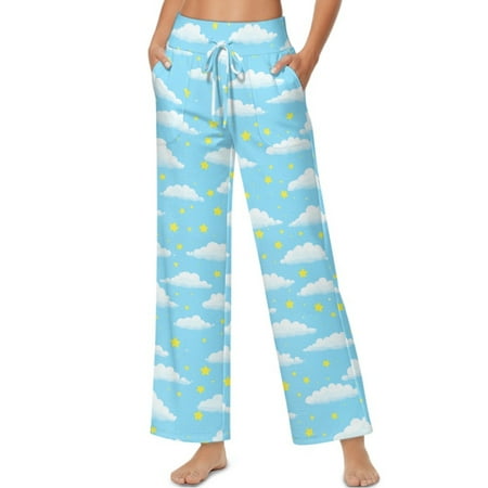 SCRAWLGOD Cloud Stars Print Blue Women Flowy Pants Drawstring High Waist Wide Leg Palazzo Pants Loose Fit Lightweight Trendy Lounge Trousers with Pockets XXL