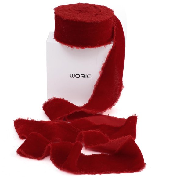 Cinta decorativa con estampado de terciopelo rojo, 3,8 cm x 4,5 m, borde deshilachado