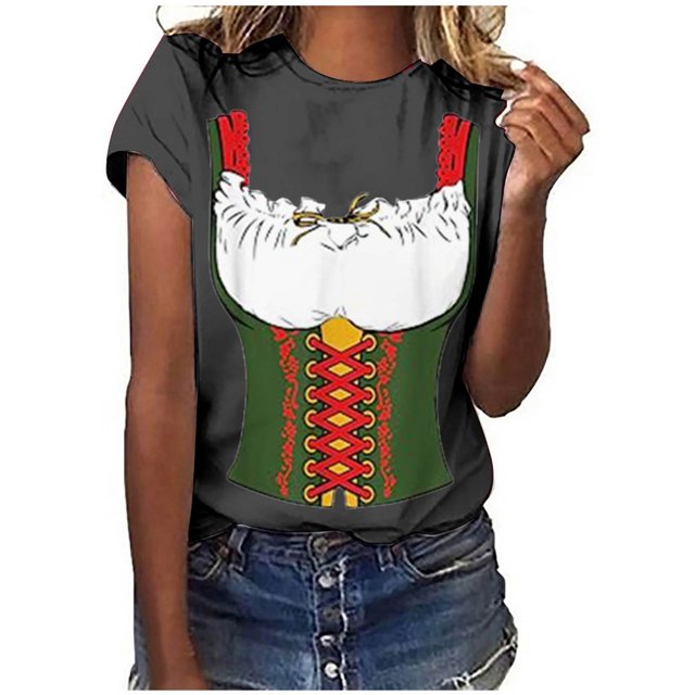 Pompotops Blouse Décontractée Mode Femme Imprimé Oktoberfest Col Rond T-Shirt Blouse Imprimée Tee Liquidation