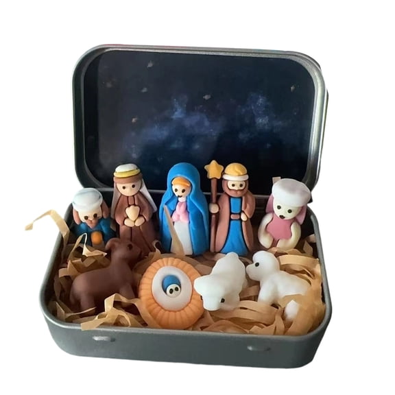 4"Mini Nativity Set Mini Christmas Easter Nativity Set In A Tin Box, Handcrafted Pocket Bethlehem Scene, Portable Holy Family Display, Small Religious Ornament, For Desk, Shelf, Office, Red
