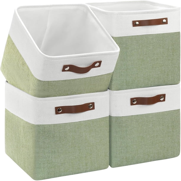 Cubos de tela plegables para almacenamiento, 11 x 11 x 11, paquete de 4, con asas de PU para organizar estantes, juguetes, ropa, hogar y oficina (blanco y verde)