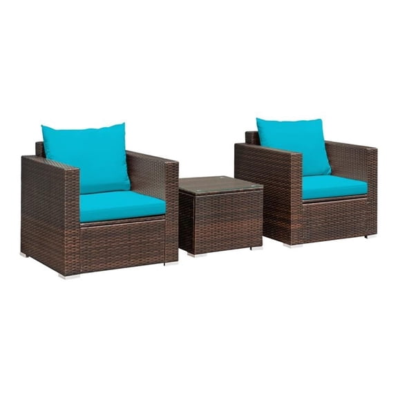Pemberly Row 3Pcs Contemporary Rattan Patio Furniture Set w/ Cushions-Turquoise
