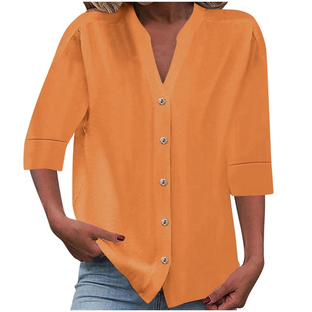 Timegard Womens Tops 1/2 Sleeve V Neck Button down Shirts Casual Loose Lightweight Blouse Solid Color