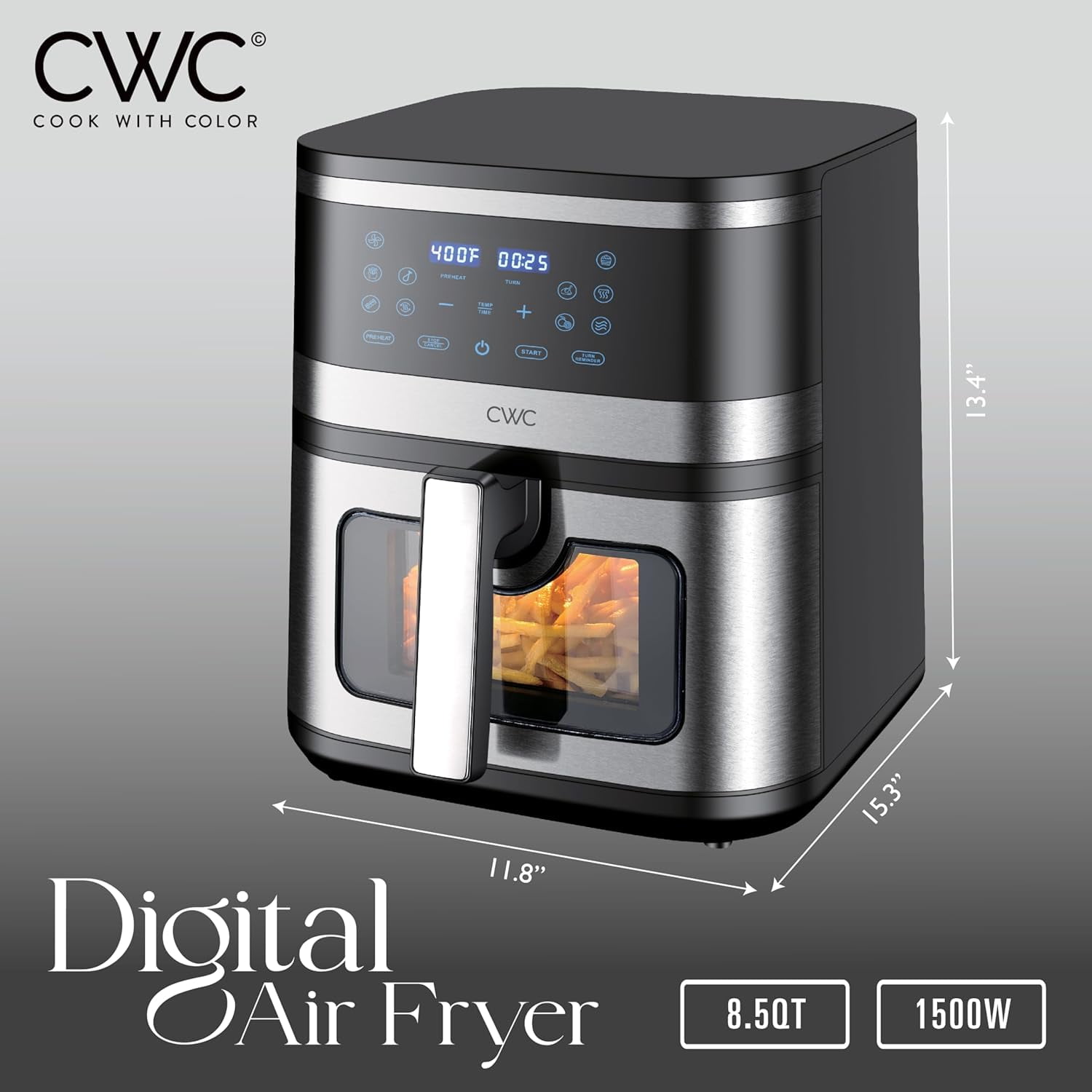 Cook with Color Digital Air Fryer 8.5-Quart Stainless Steel Air Fryer Kitchen Appliance, Black