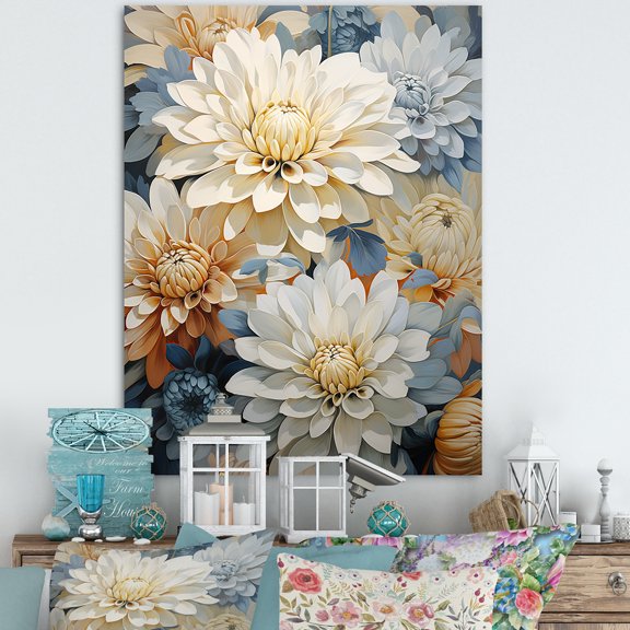 Designart "Beige And Blue Mums In Bloom" Mums Wall Art Living Room