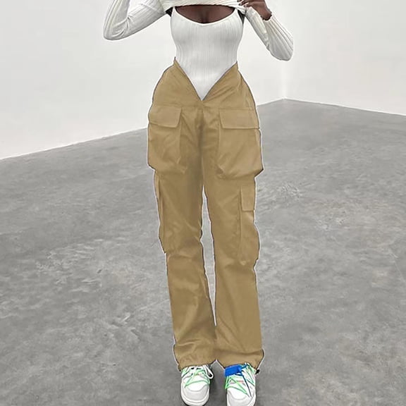 Danhjin Khaki Cargo Pants for Women Straight Casual Pants Baggy Stretchy Wide Leg Streetwear Travel Hiking Pants